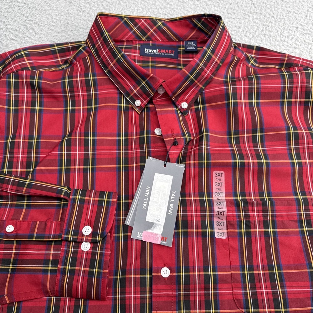 Roundtree & Yorke Dress Shirt Men 3XLT Red New Plaid travelSMART Long Sleeve